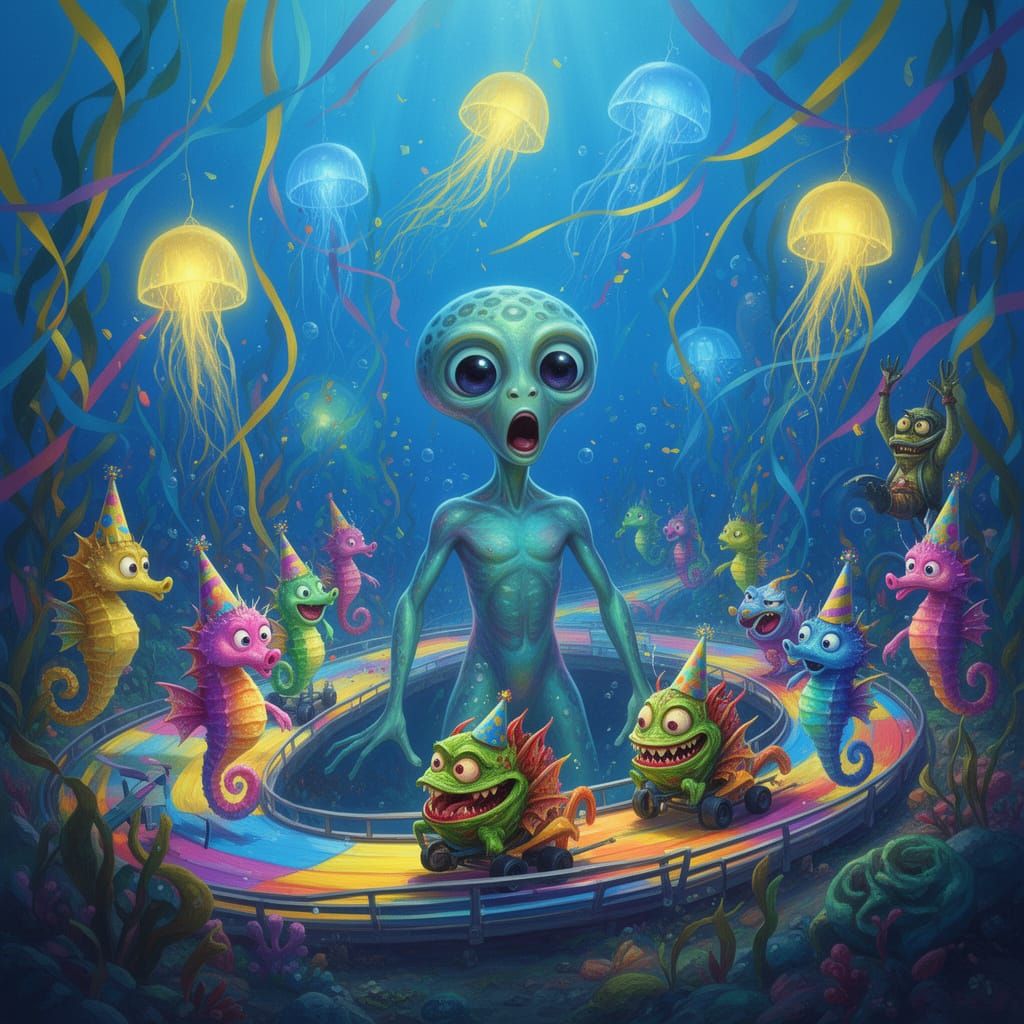 Surreal underwater fantasy. Medium shot. A surprised space alien stands in front of a colorful seahorse racetrack, surro...