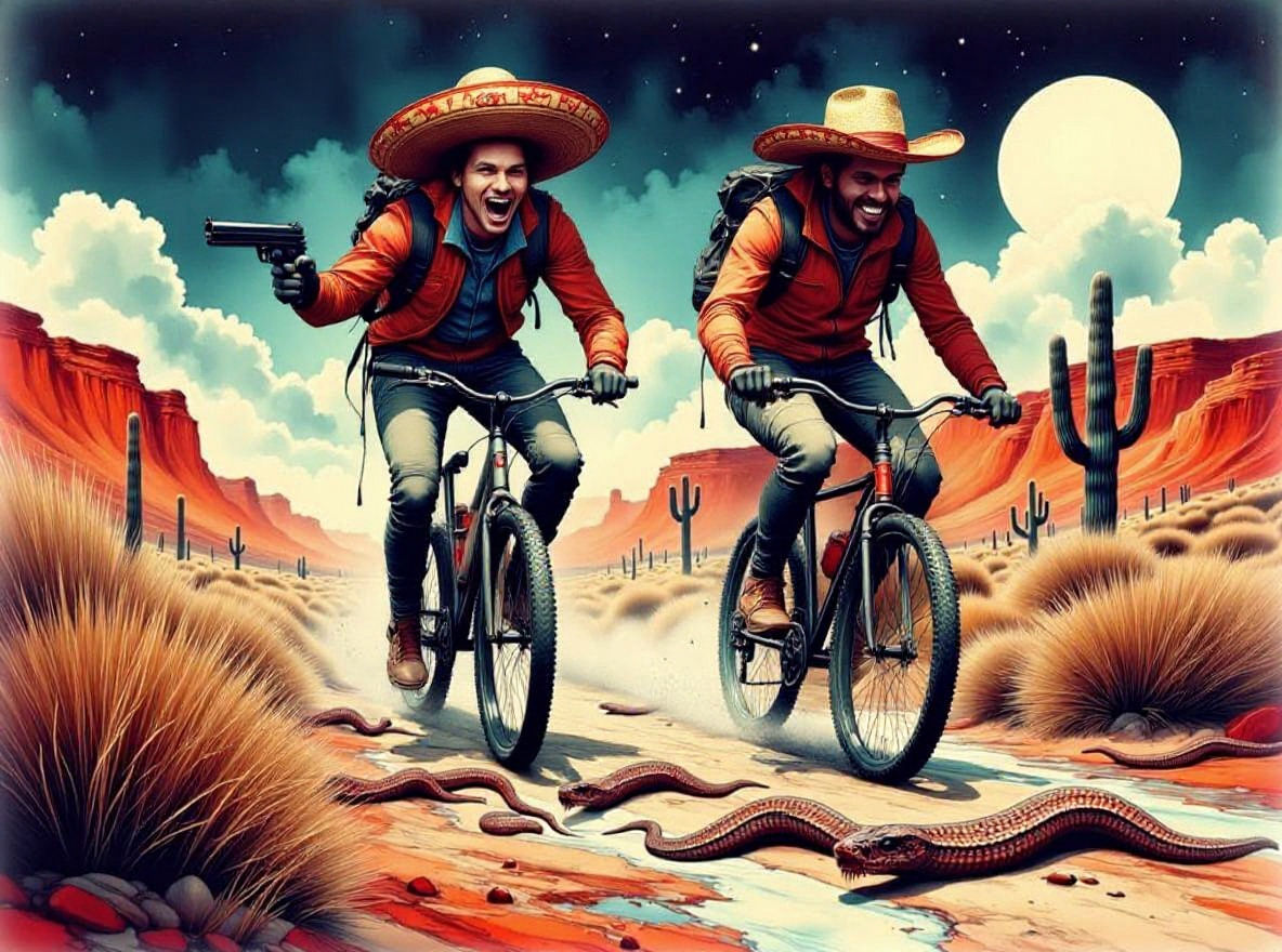 <lora:Ink Poet:1.0> <lora:Morbid:1.0> Two young guys are cycling down a desert dried up river bank with mountain bikes packed with gear. Rat...