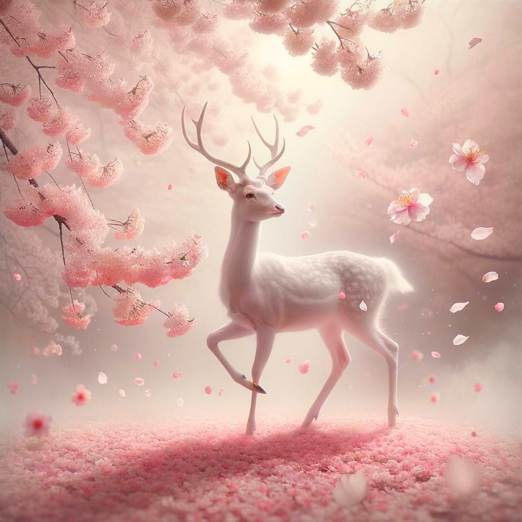 Ethereal White Deer in Cherry Blossom Garden