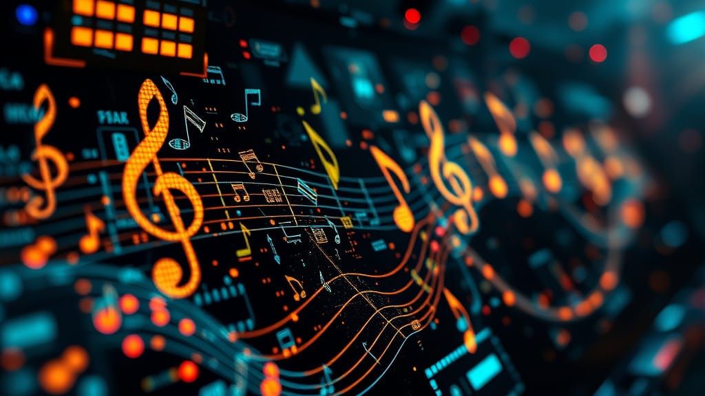 Digital matte painting.

A metal music inspired banner that features AI artificial intelligence created music with surrealistic, pixelated m...