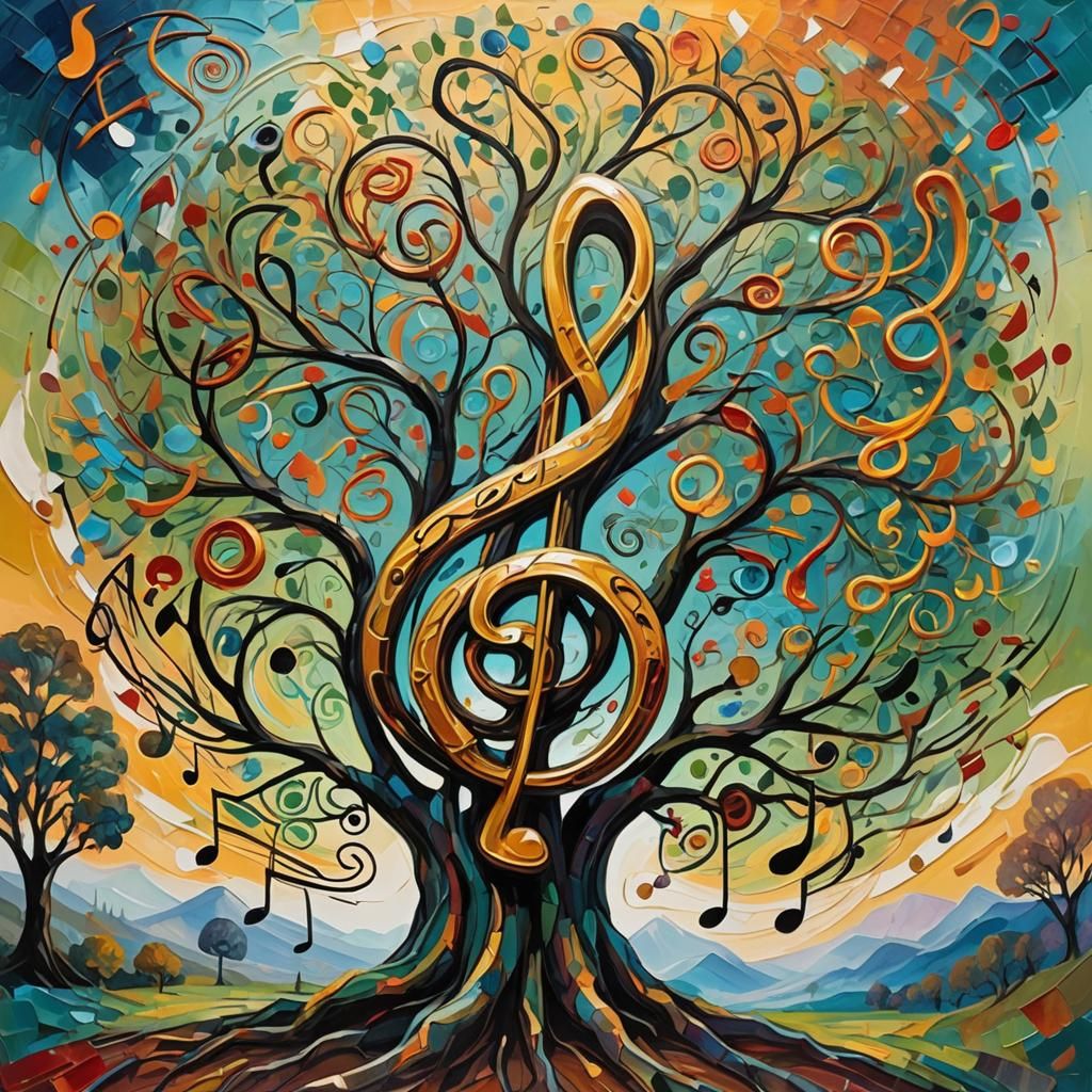 Musical Tree in Surreal Neo-Impressionist Style