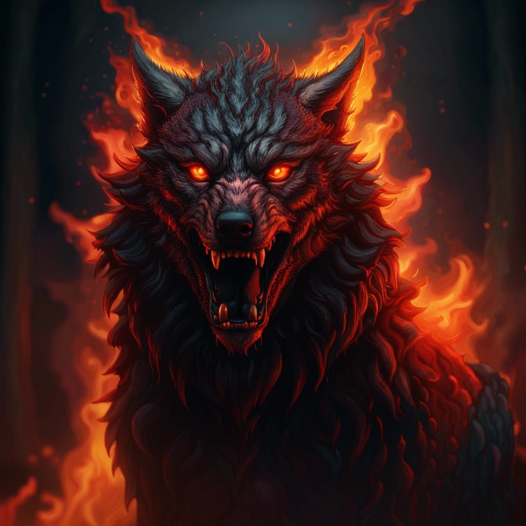 demonic wolf in hell with fur on fire - AI Generated Artwork ...