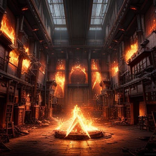 giant forge made of red brick. Fire and embers are inside. L...