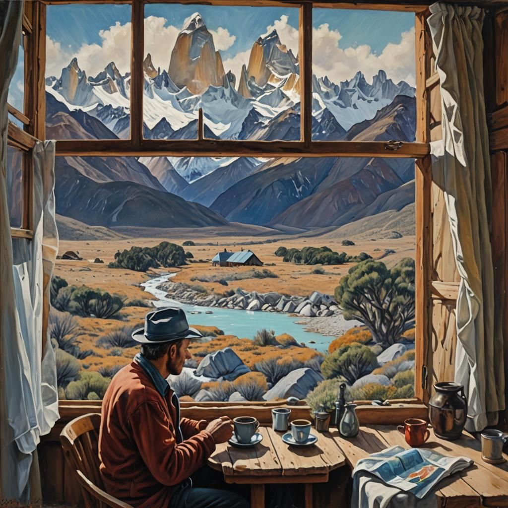 Fitz Roy view from a view of a home window and the man drink...