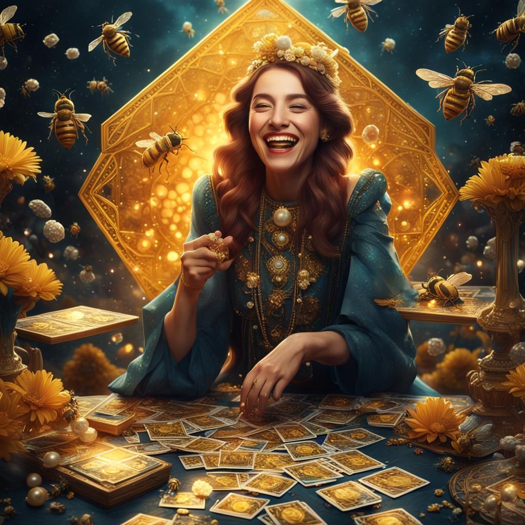 Laughing Woman with Tarot Cards and Honeycomb Pattern
