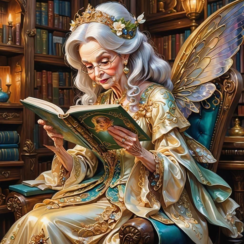 cute chibi beautiful octogenarian fairy godmother with shimmering wingssitting in a chair in a fairytale library reading a book, style of ja...