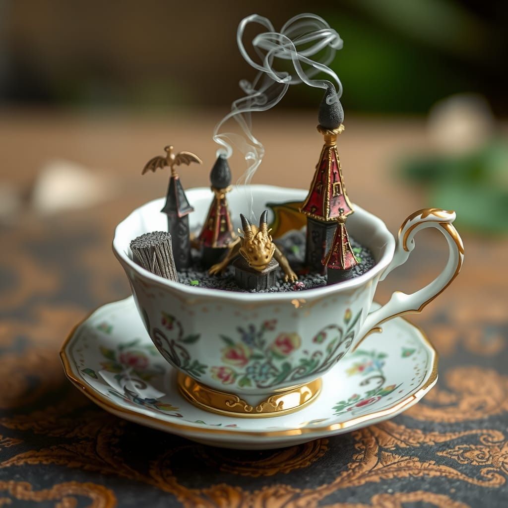 Miniature dragon's lair within a vintage tea cup, steam risi...