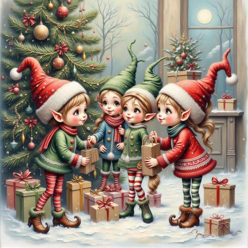 Elves Decorating Christmas Tree in Cozy Sweaters