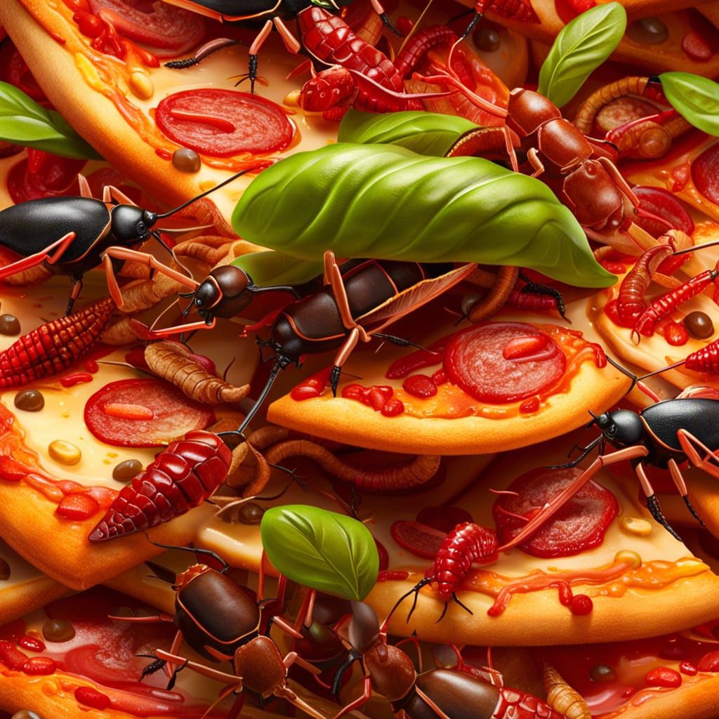 Delicious pizza with cockroaches - AI Generated Artwork - NightCafe Creator