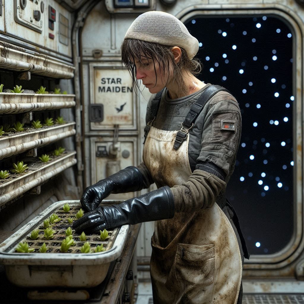 Ship's cook checking the hydroponics bay of an old spacefrei...