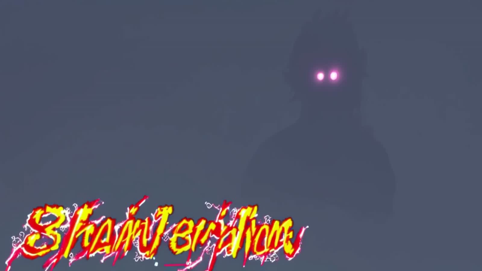 “Shadowy figure with glowing eyes, anime aesthetic with chaotic glitch patterns, words ‘Tz Hoax Starting Soon’ scratched...