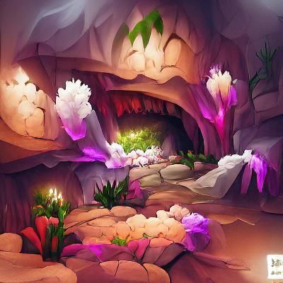 Mystical cave with flowering plants HD Concept art