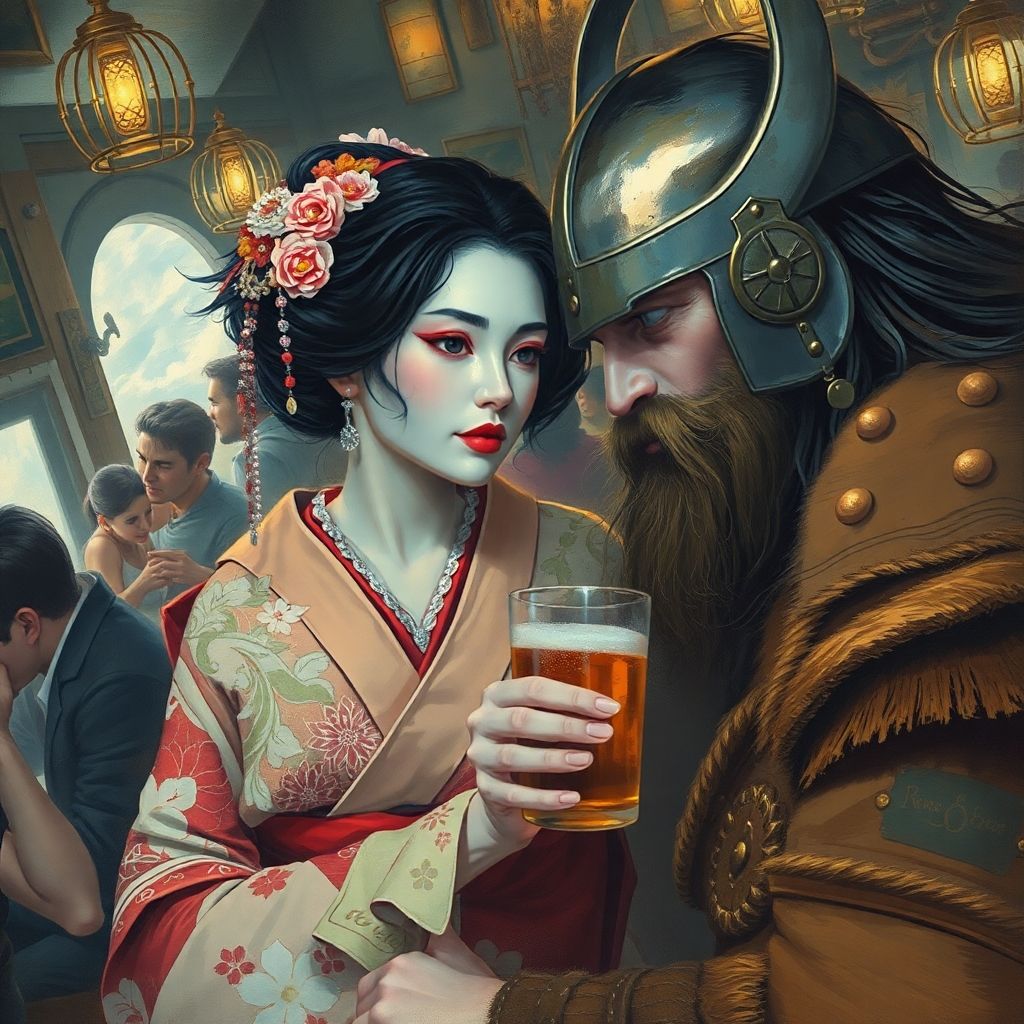 Geisha and Viking at Bar
