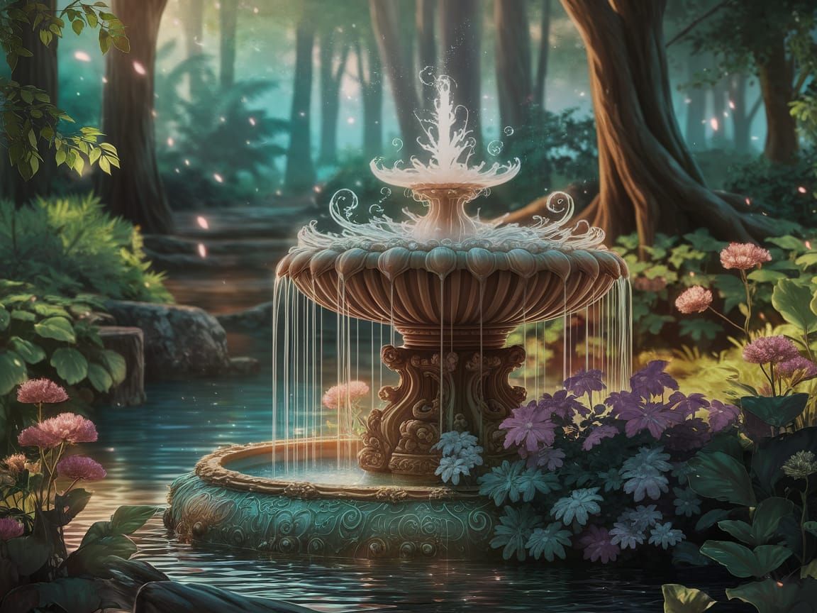 In a magical forest bathed in warm, enchanting light, a whimsical and magic fountain stands tall, its water shimmering with iridescent hues....