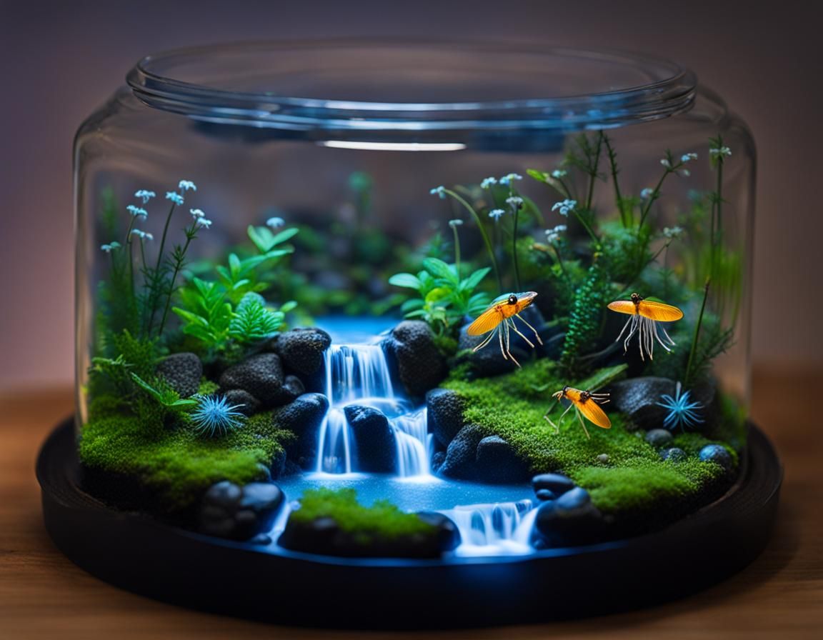 A photography, terrarium with a waterfall and some super-detailed fireflies. bioluminescence, Masterpiece ...  by @imagines_ai