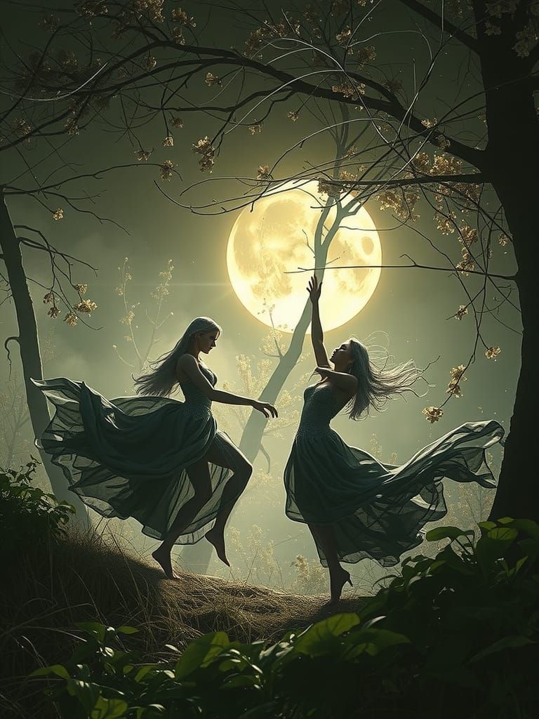 Two beautiful 30 year old women wearing billowing silver dresses dance under a silver shimmering harvest moon which casts platinum blonde sh...