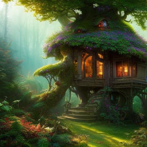 fantasy beautiful enchanted sparkly fairy tree house, fantasycore, 8k ...