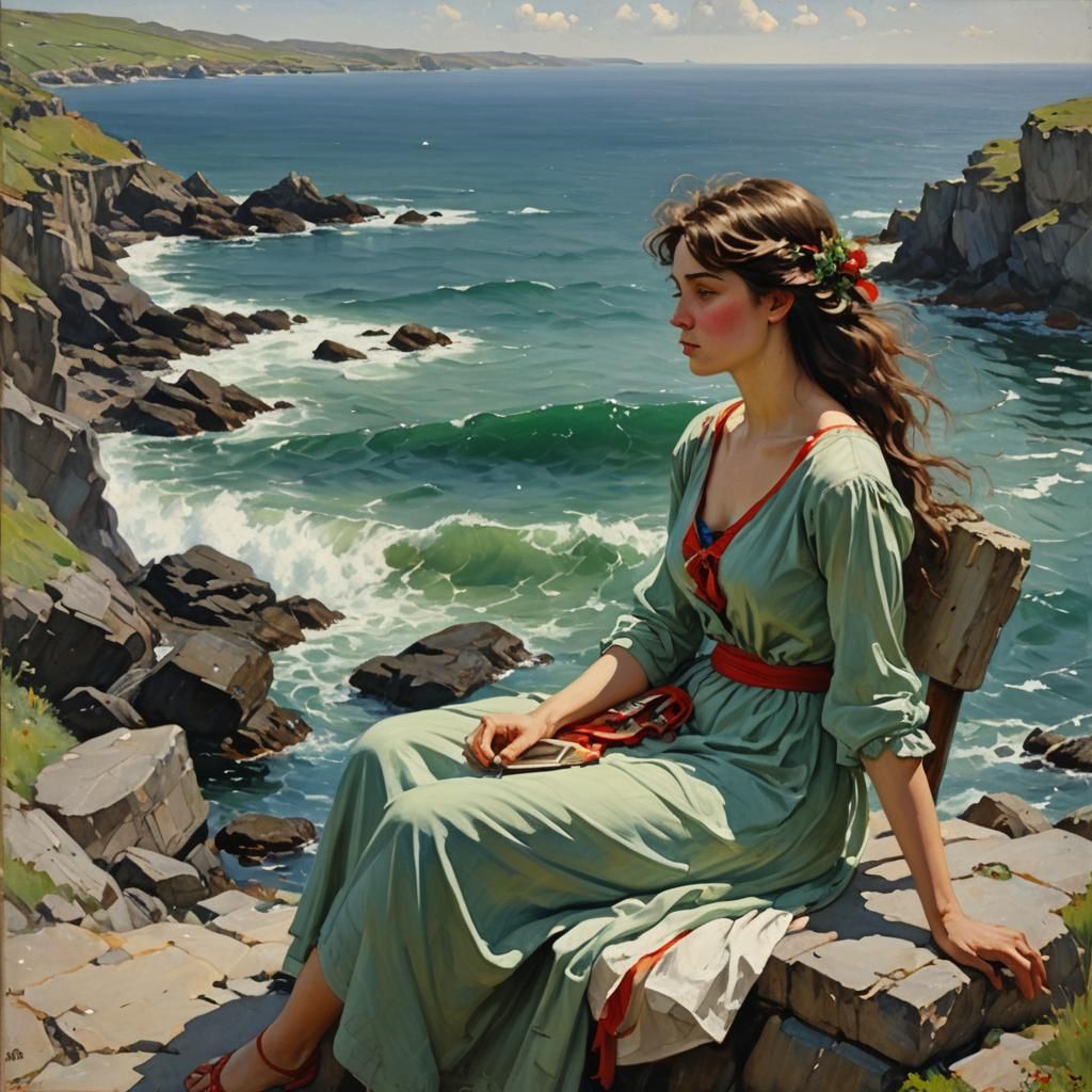 Jeune femme au bord de la mer.