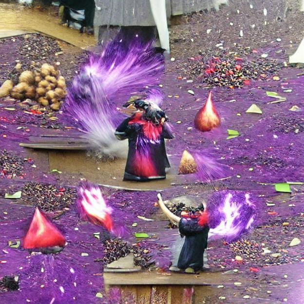 Warlock throwing red seeds which cause purple explosions.