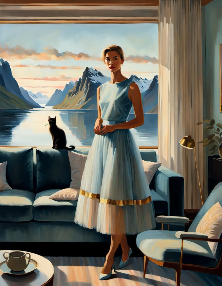 Oil painting of chique Norwegian woman standing in livingroo...