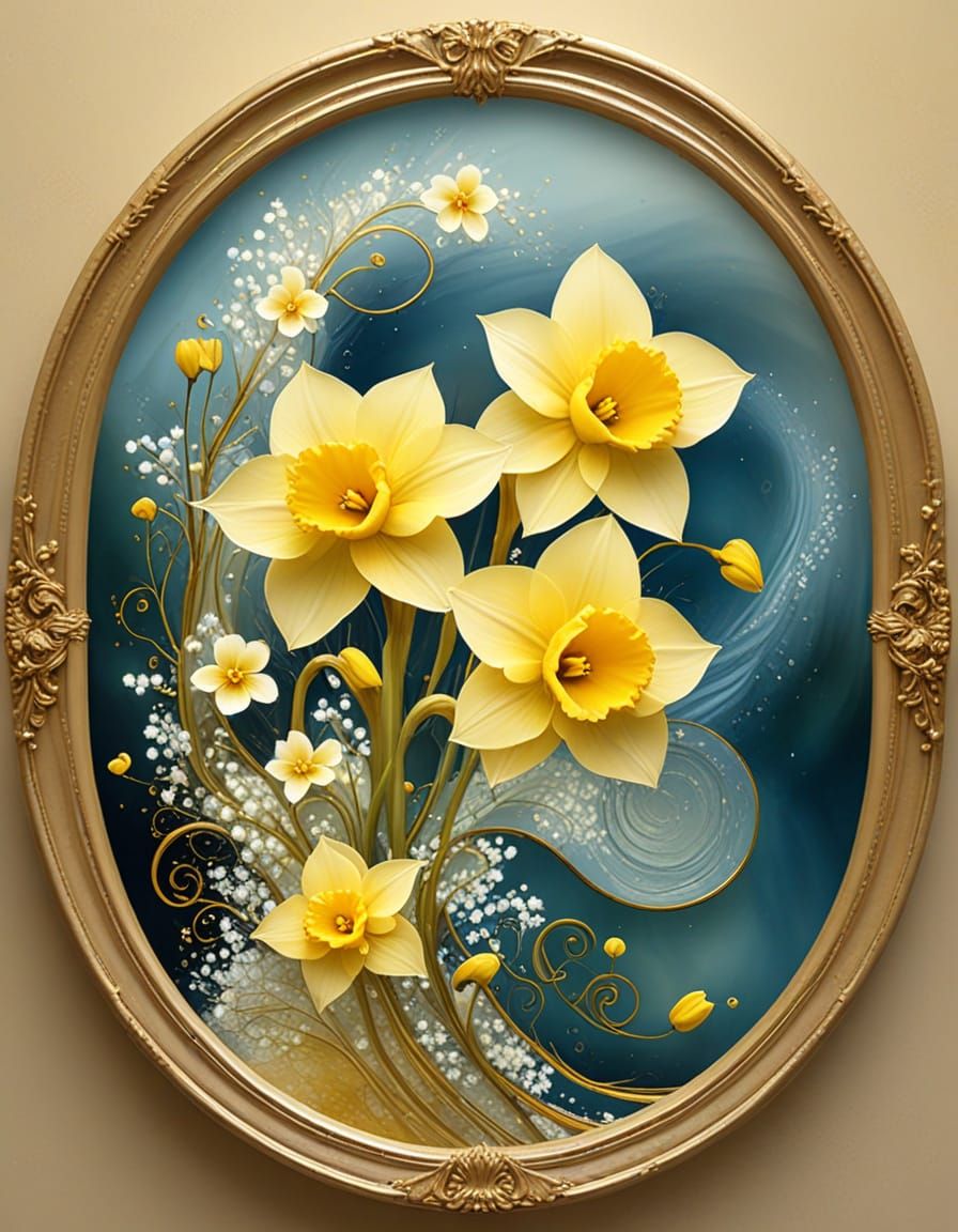 oval, an illustration small image, alcohol ink art delicate yellow-Narcissus flower bouquet and baby's breath, oval gold frame, dream core, ...