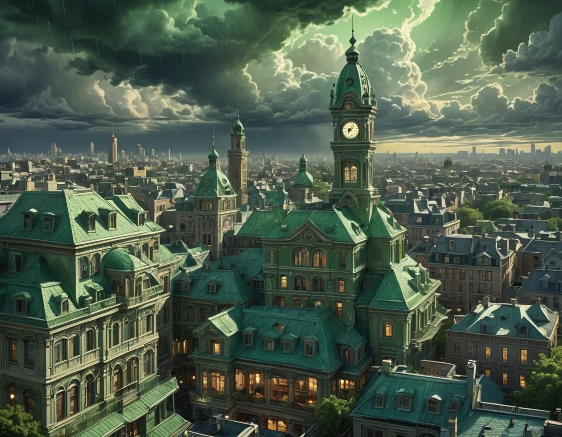 Green light city, hurricane sky, From Outside, Art Nouveau style