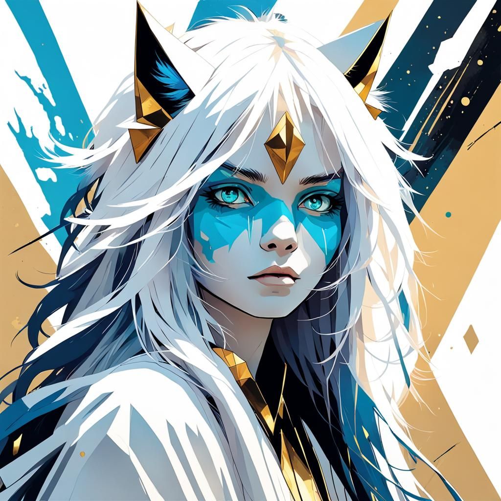 Fantasy thin defiant ragged catgirl scifi paladin, blue skin...