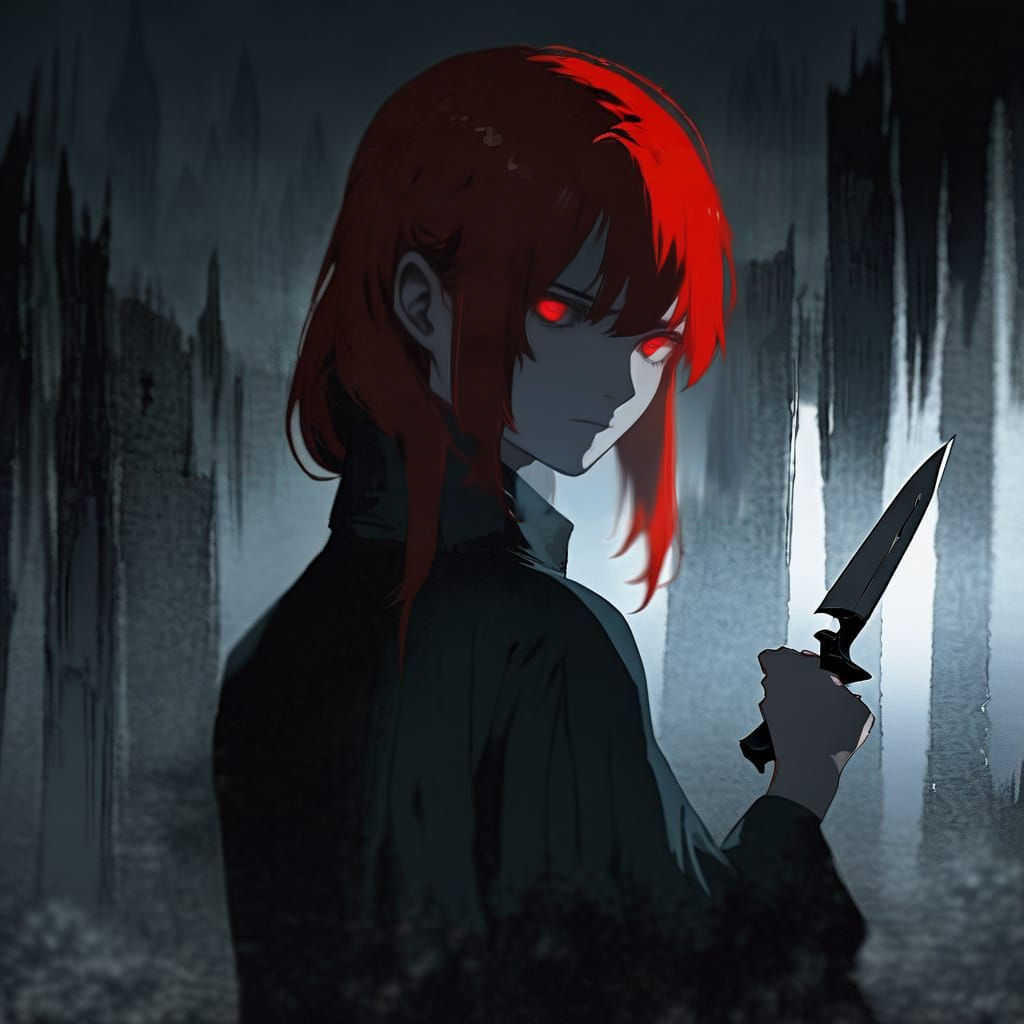Dark Anime Girl Holding Knife in Melancholic Sadness