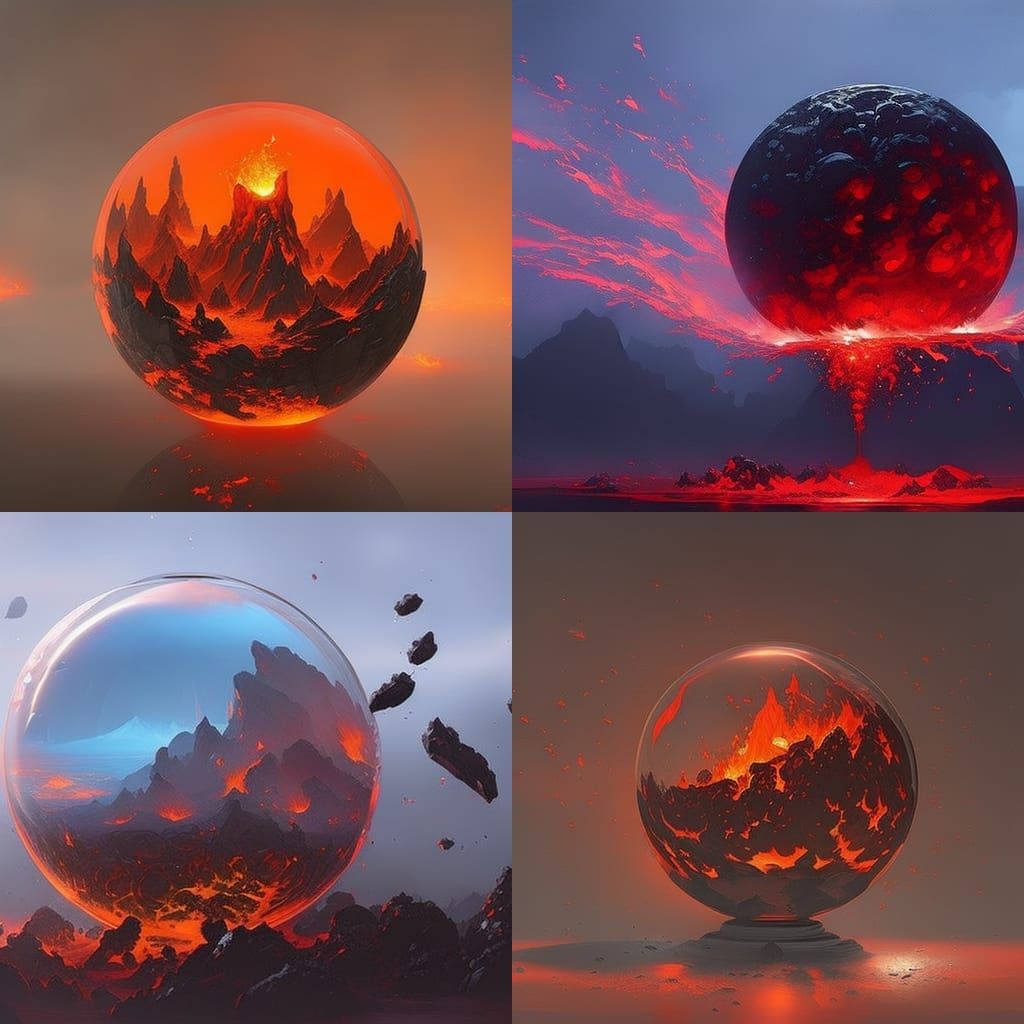 a volcano flowing lava inside of a glass sphere, an intricate and ...