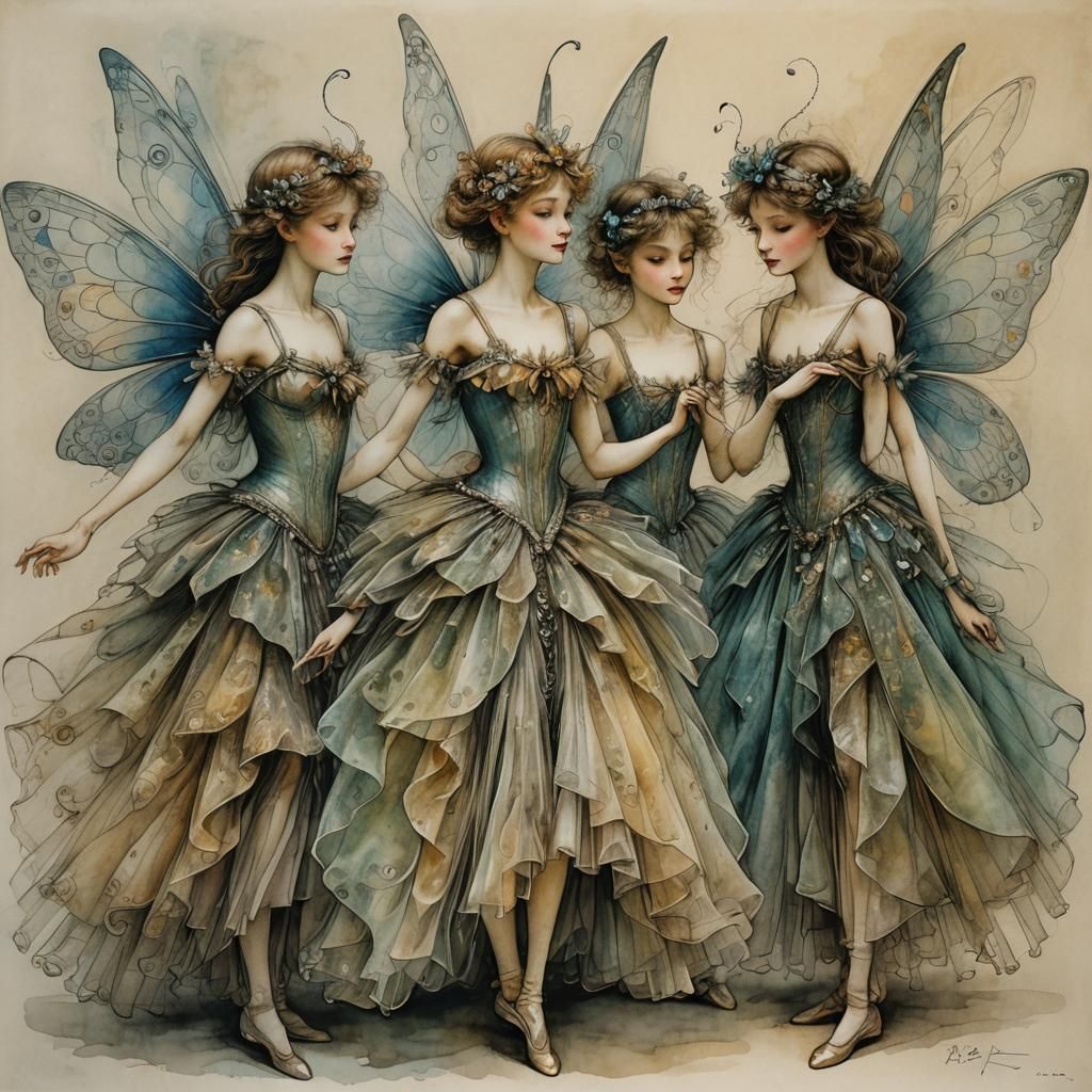 Three Faeries and a Mortal in Tulle Dresses  by @AKHOM