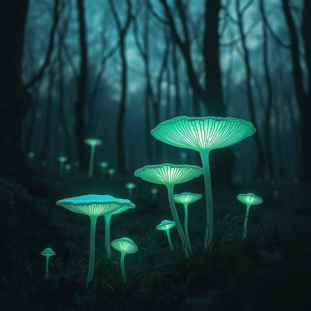 mystical forest with glowing flowering mushrooms