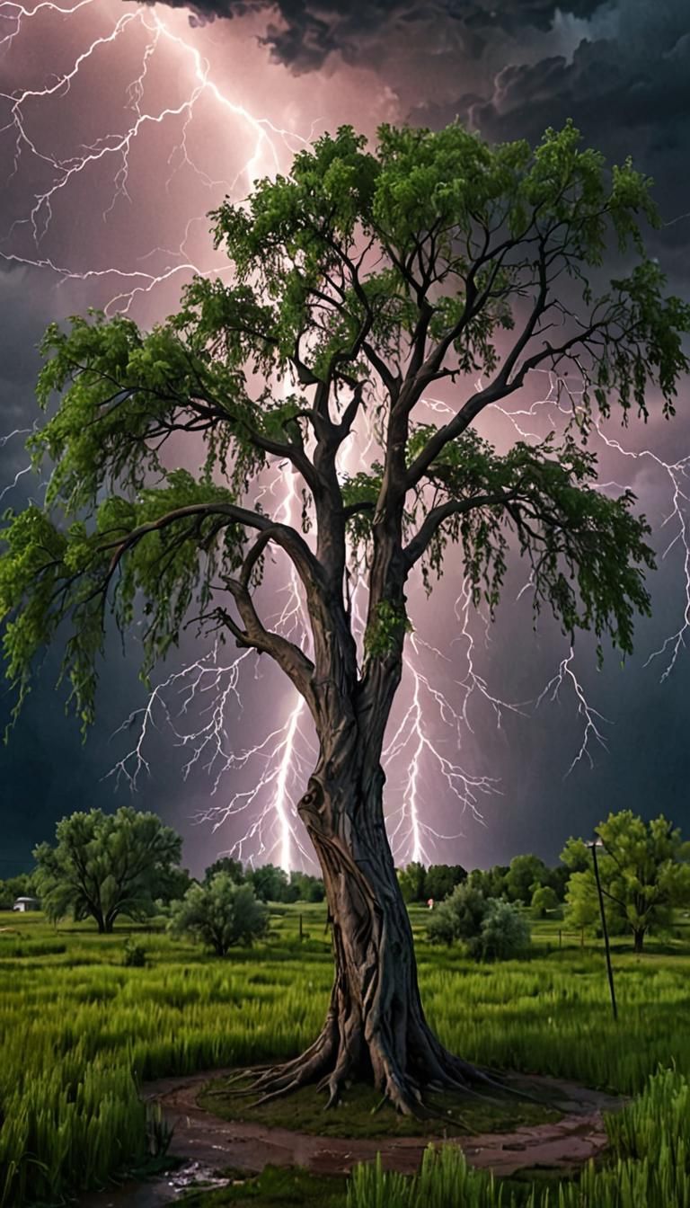 violent tornadic lightning from the sky striking huge willow...