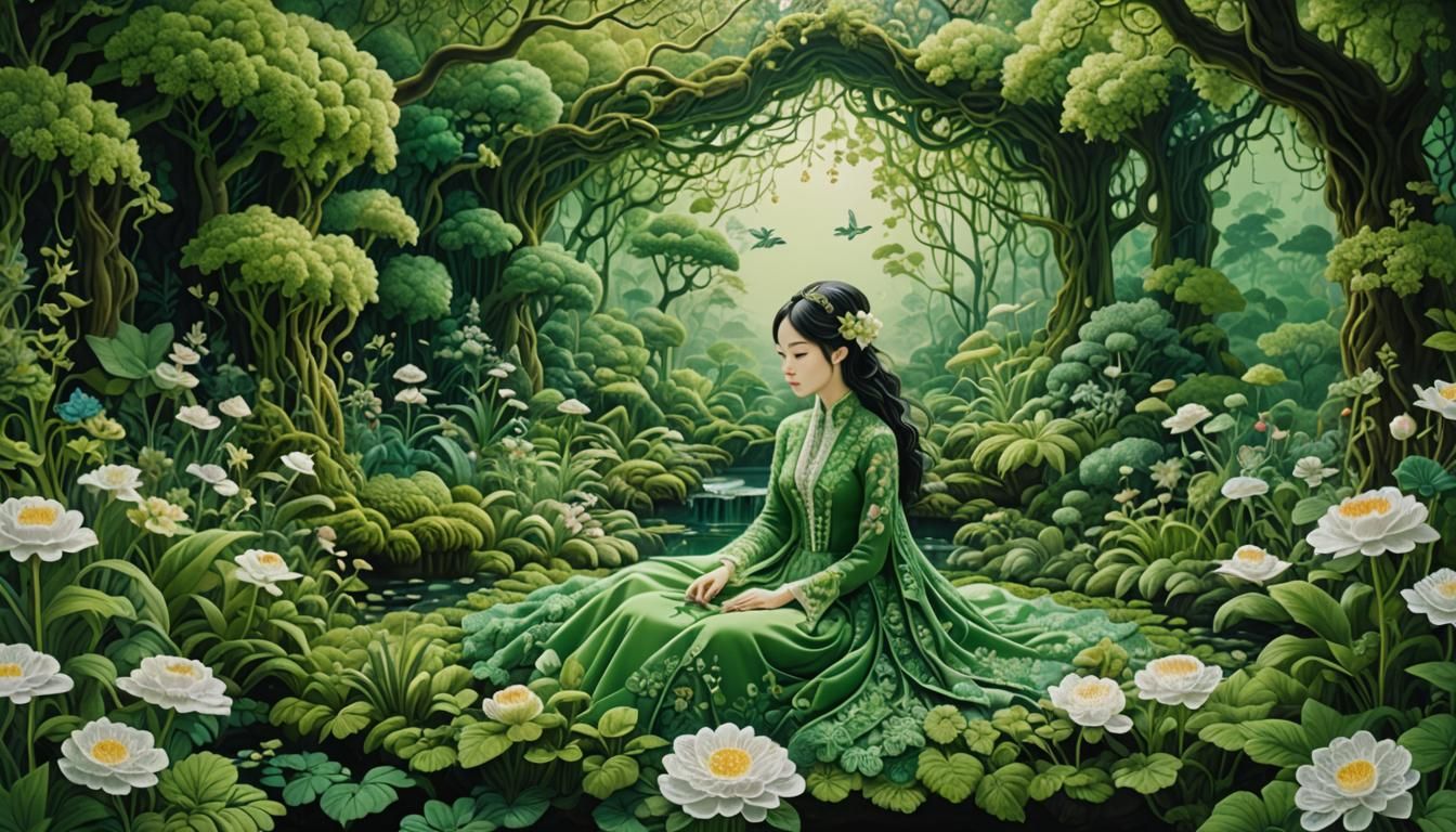 a woman sitting in a surreal, magical garden. ...  by @blenta