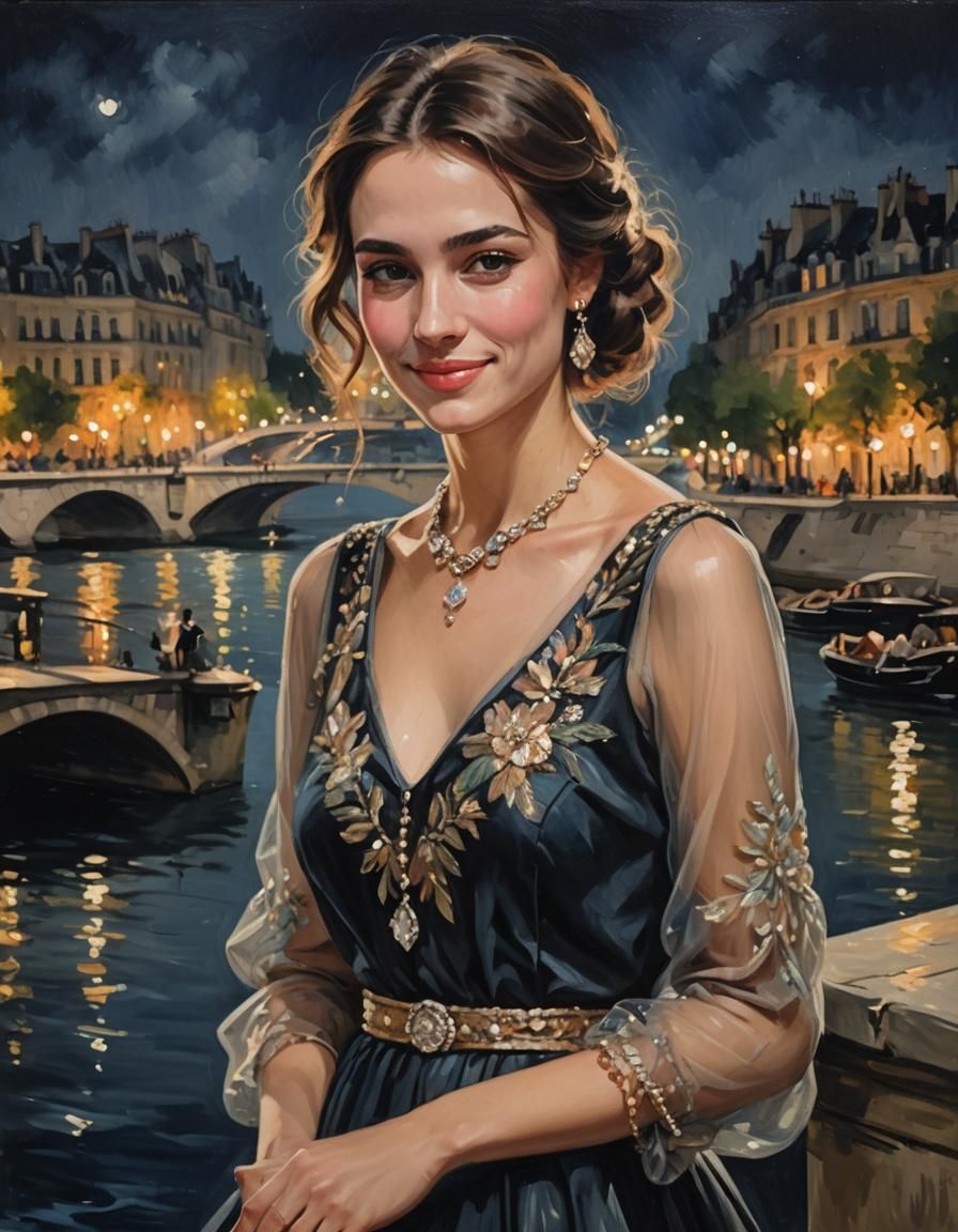 A gorgeous Young French woman in a beautiful dress, a beautiful necklace,  shy smile, on the shores of the Seine in Paris at night, oil on c... - AI  Generated Artwork -