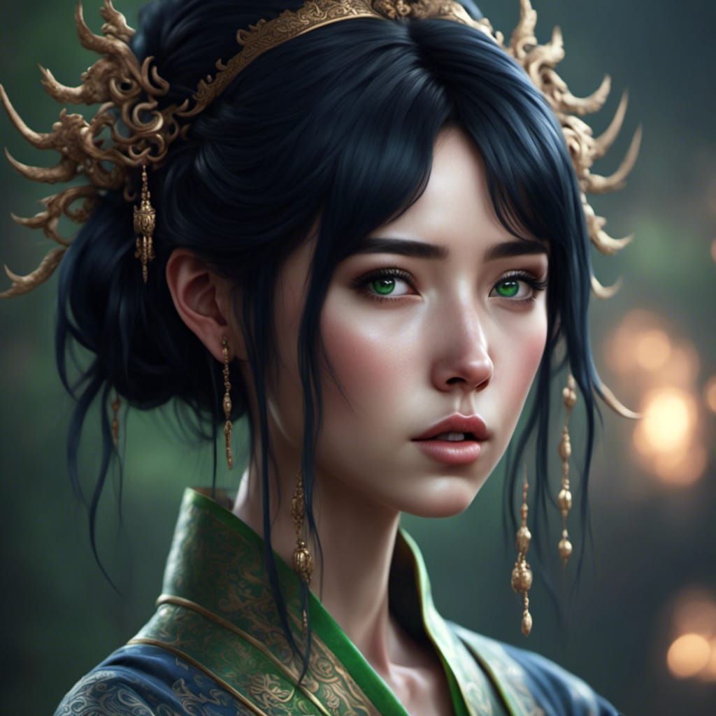 girl, dark blue hair, green eyes, not oriental <lora:Oriental Beauty:1.0>