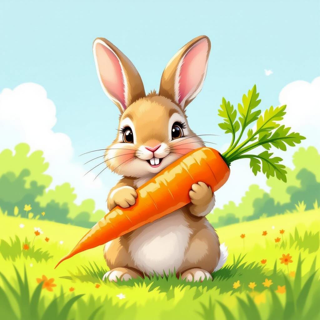 Whimsical Bunny with Carrot in Meadow