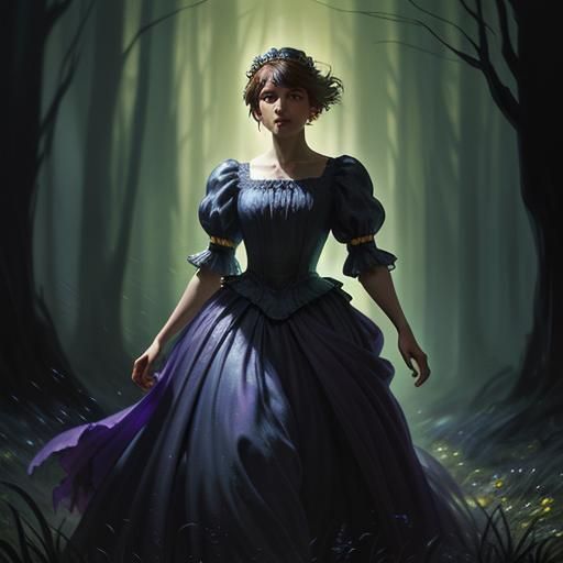 cinderella wearing a huge ballgown running away into a dark ...