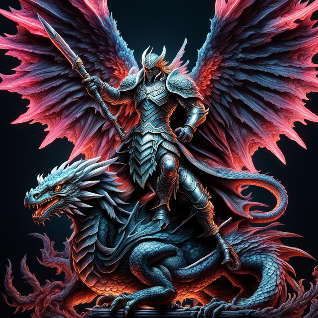 One winged angel riding a one winged dragon, ultraornate ult...