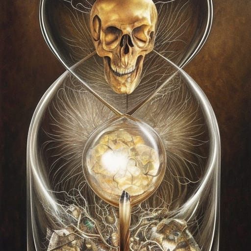 Skeletal death holding a glass orb hourglass  inside an hour...