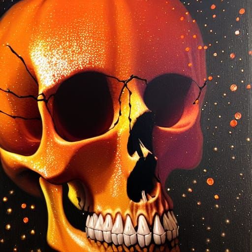 Halloween Pumpkin Skull Art in Oil on Canvas