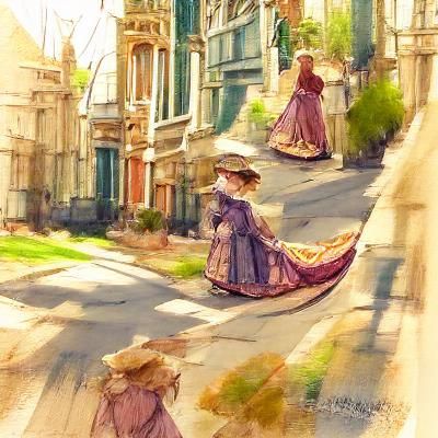 Victorian colored sketch, lush comfortable; Strolling in the sunny street