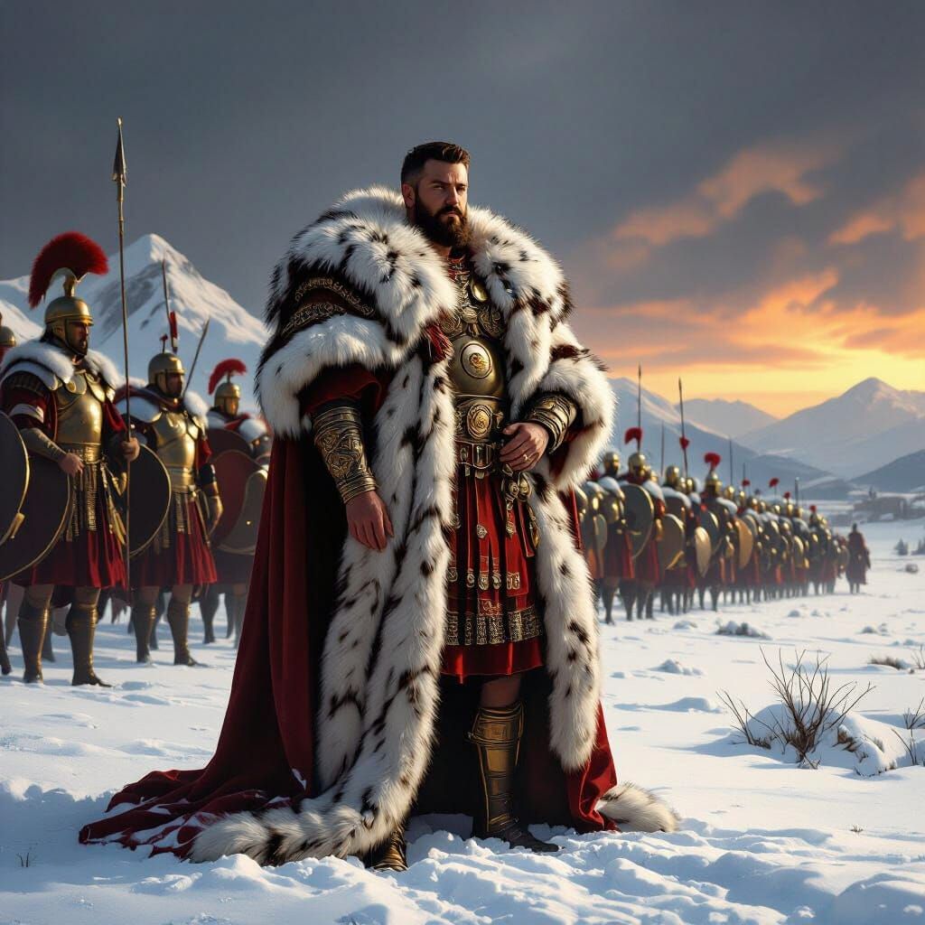 a roman emperor with a fur coat, with a roman army in snow