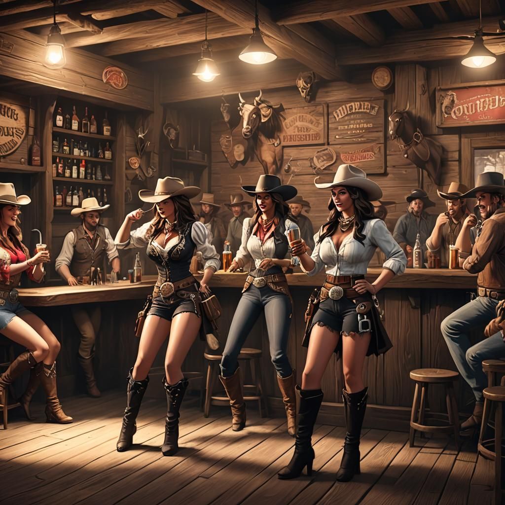 Wildwest bar with ladies of pleasure dancing and cowboys sho...