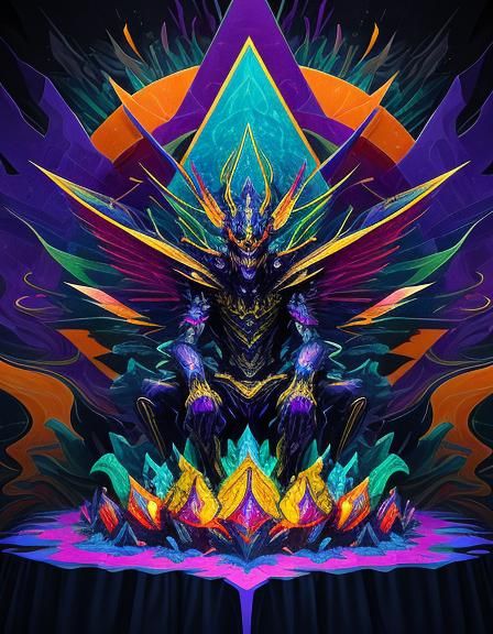 enigmatic demon king sitting on a cosmic altar, a horde of minions in front of then, enchanted garden filled with unusual creatures