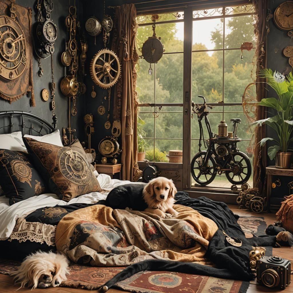 Bohemian style bedroom. With Bohemian decor. A black kitten ...