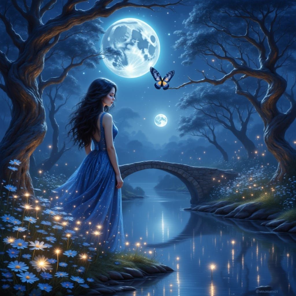 <lora:GLOW:1.0> a beautiful dark haired woman by the river at night, close up,trees, tiny bridge, an owl on a tree branch,royal blue sky,fir...