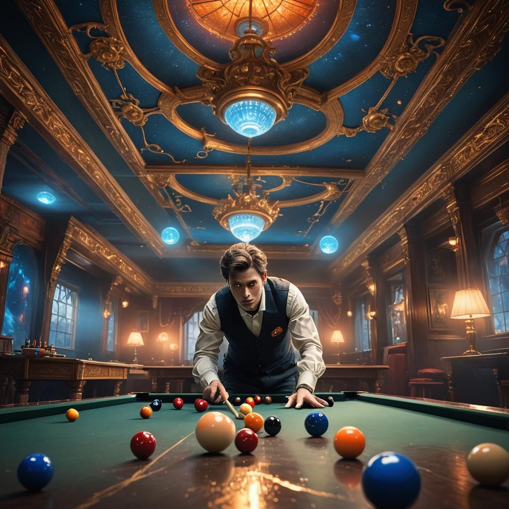 Mystical Snooker Player in a Dreamlike Setting