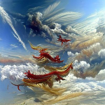 Chinese Dragons in Flight as Oil Painting