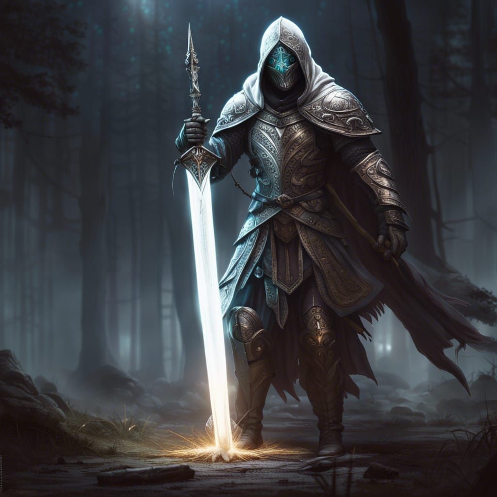 hooded holy paladin  with a covered lower face wearing bande...