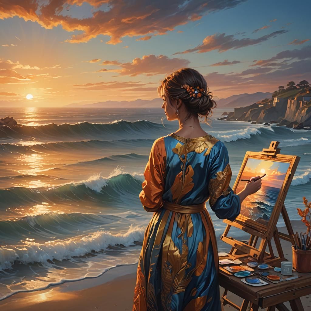 Femme artiste peintre peignant une toile de paysage champêtr...